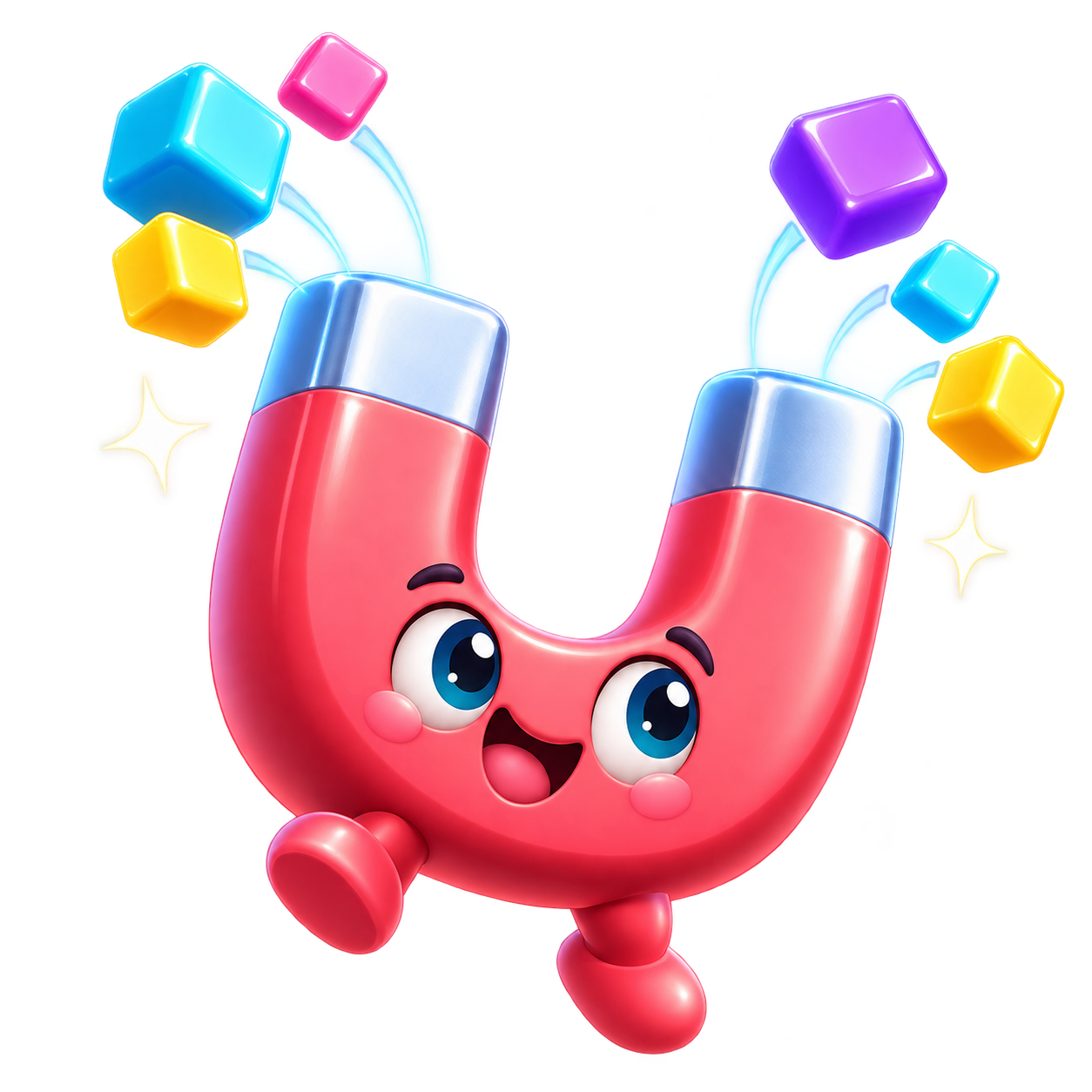 Magnet Pop's smiling pink magnet collecting colourful cubes